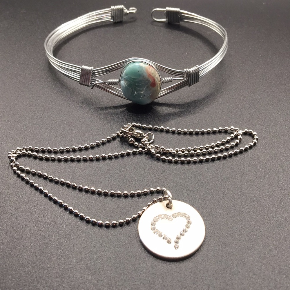 Vintage stone bracelet, heart necklace